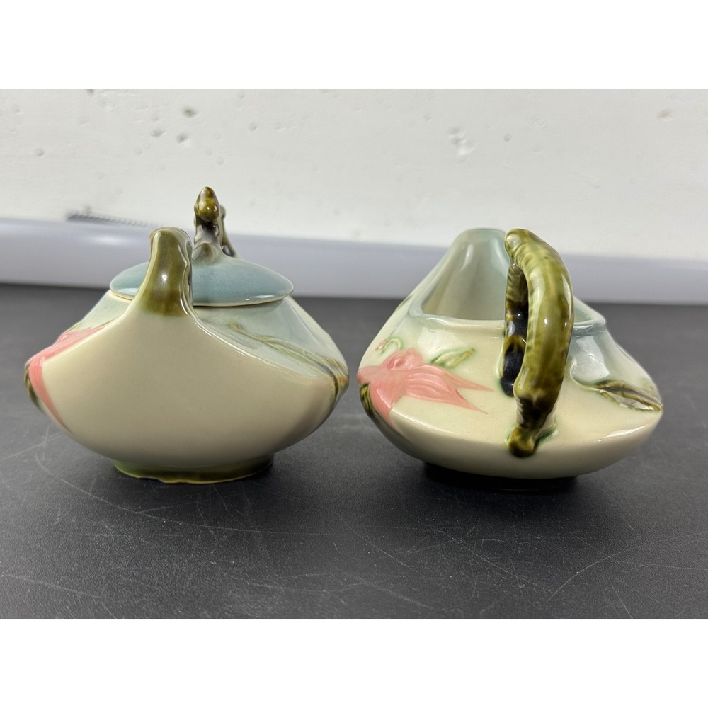 Hull Pottery Wildflower Sugar Bowl and Creamer Set W27 W28 Pink Green Vintage - Picture 2 of 14